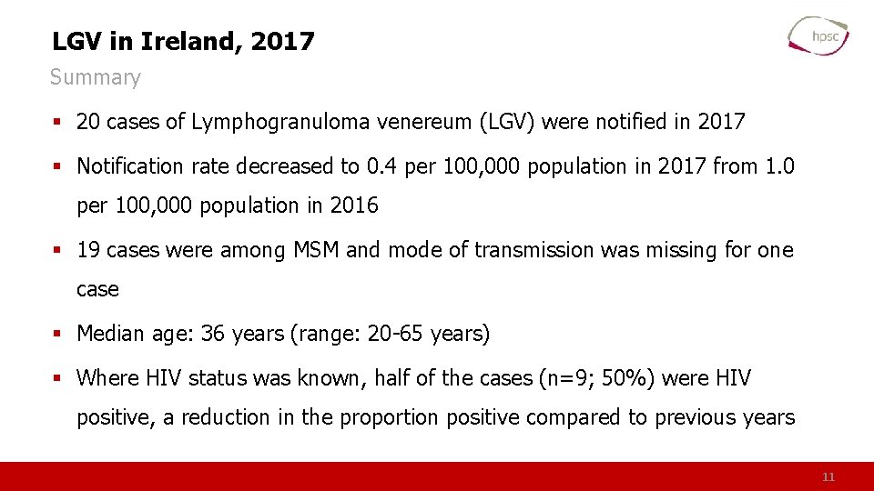 LGV in Ireland, 2017 Summary § 20 cases of Lymphogranuloma venereum (LGV) were notified