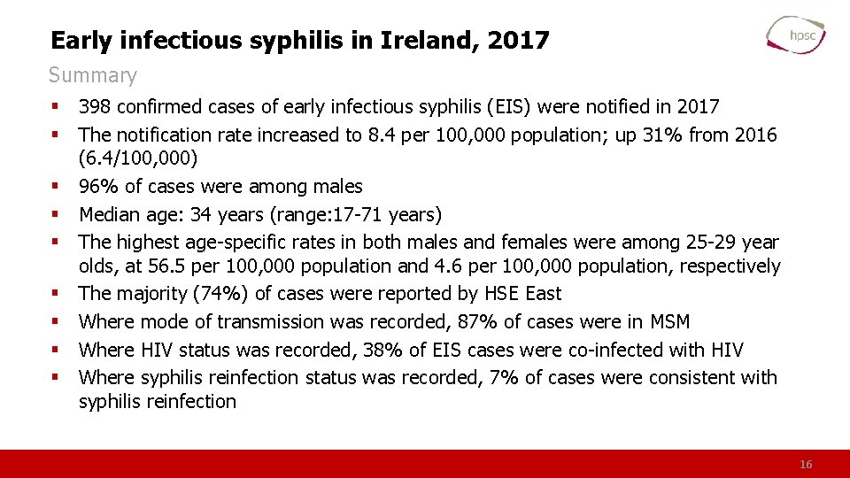 Early infectious syphilis in Ireland, 2017 Summary § 398 confirmed cases of early infectious