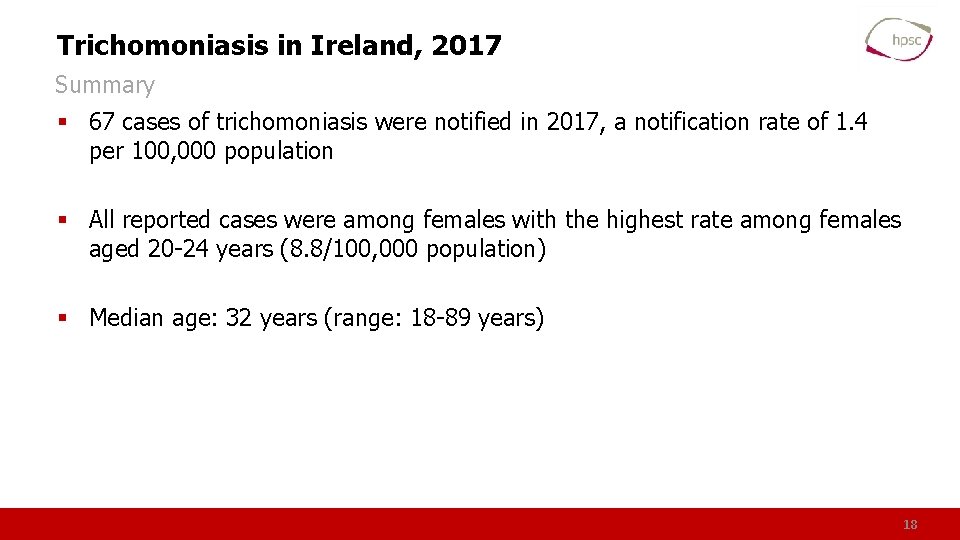Trichomoniasis in Ireland, 2017 Summary § 67 cases of trichomoniasis were notified in 2017,