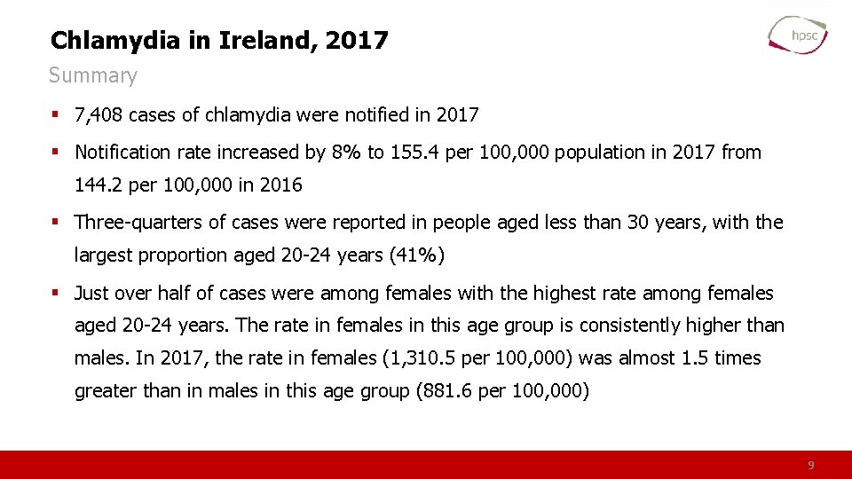 Chlamydia in Ireland, 2017 Summary § 7, 408 cases of chlamydia were notified in