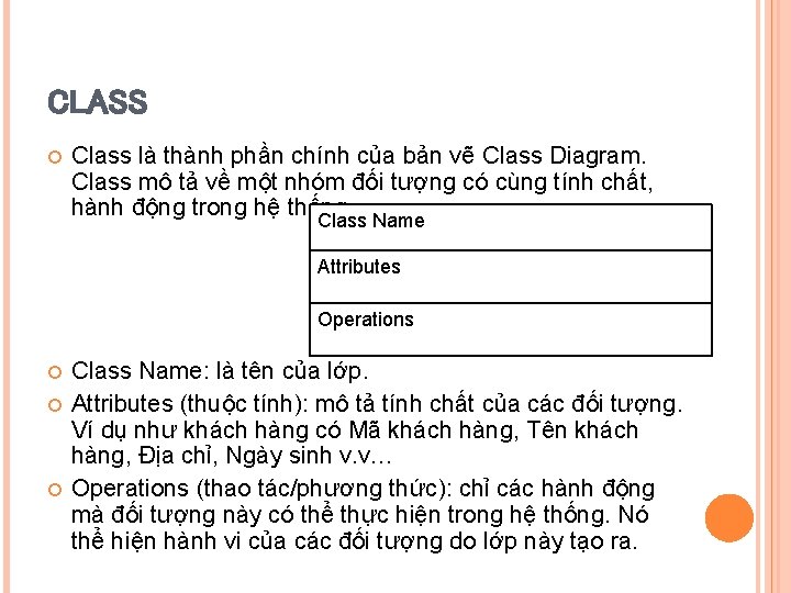 CLASS Class là thành phần chính của bản vẽ Class Diagram. Class mô tả