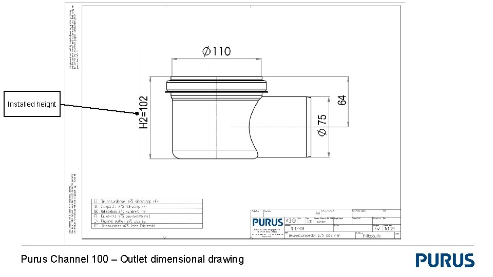 Installed height Purus Channel 100 – Outlet dimensional drawing 