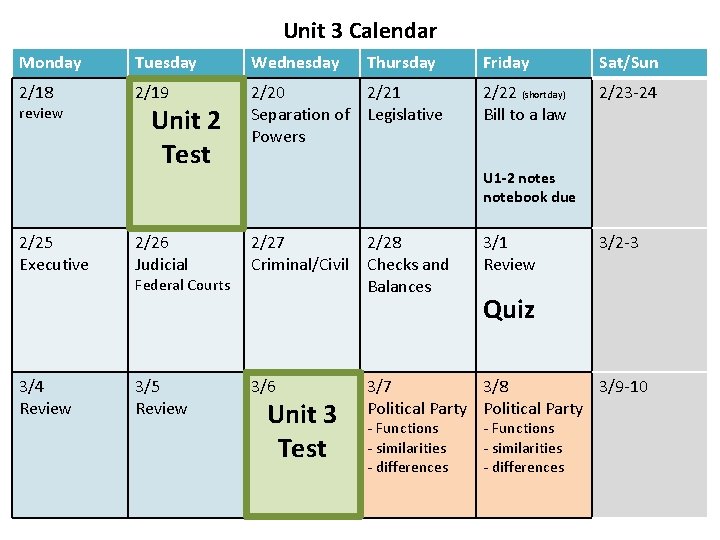 Unit 3 Calendar Monday Tuesday Wednesday 2/18 2/19 2/20 2/21 Separation of Legislative Powers