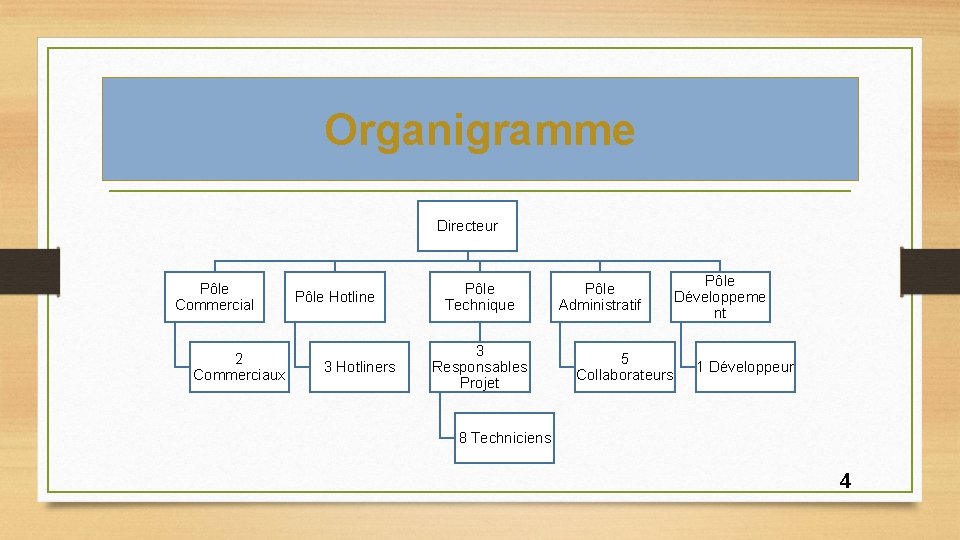 Organigramme Directeur Pôle Commercial 2 Commerciaux Pôle Hotline 3 Hotliners Pôle Technique 3 Responsables