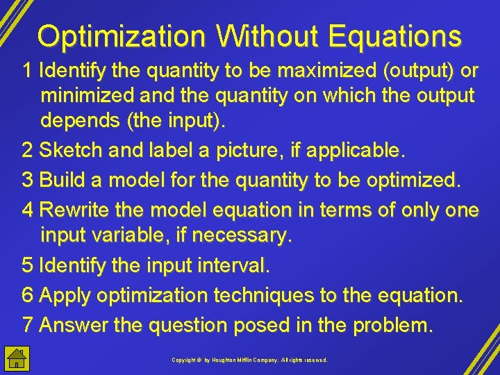 Optimization Without Equations 1 Identify the quantity to be maximized (output) or minimized and