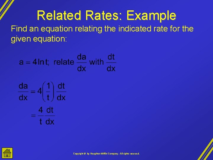 Related Rates: Example Find an equation relating the indicated rate for the given equation:
