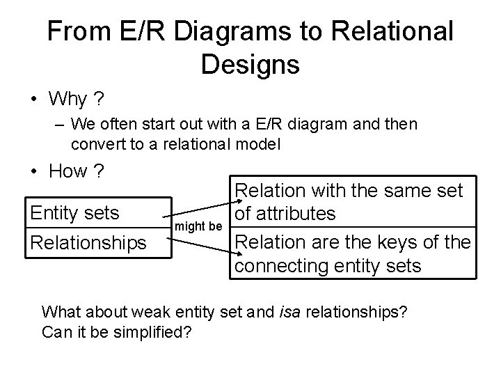 From E/R Diagrams to Relational Designs • Why ? – We often start out