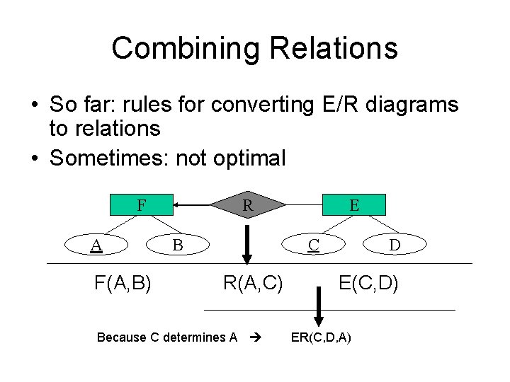 Combining Relations • So far: rules for converting E/R diagrams to relations • Sometimes: