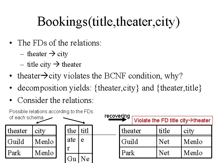 Bookings(title, theater, city) • The FDs of the relations: – theater city – title