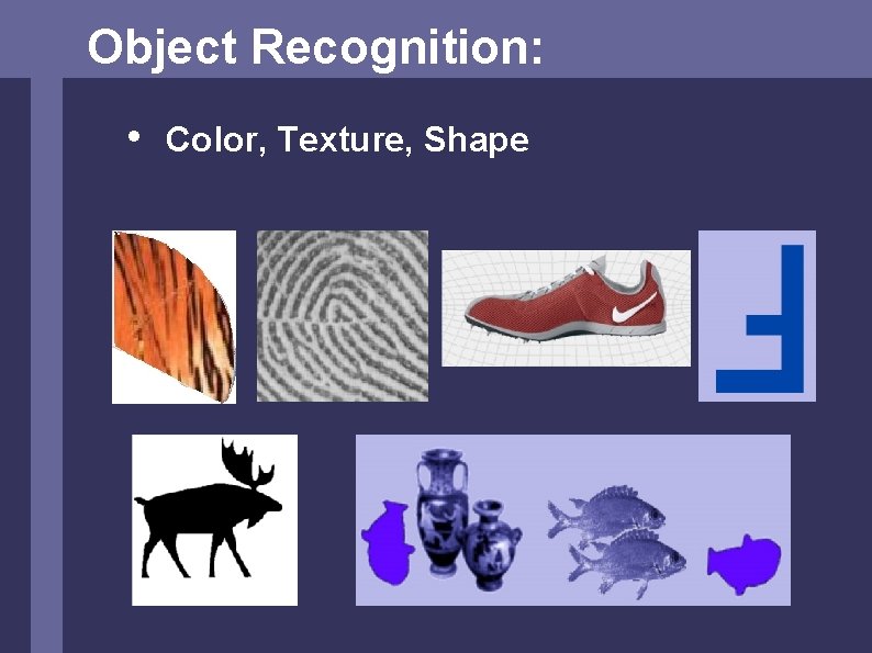 Object Recognition: • Color, Texture, Shape 