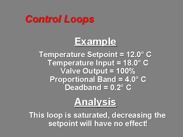 Control Loops Example Temperature Setpoint = 12. 0° C Temperature Input = 18. 0°