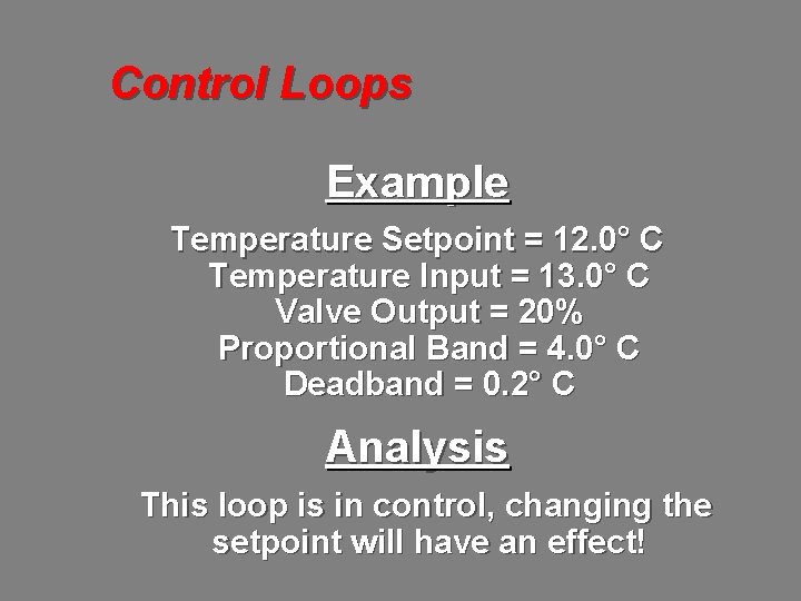 Control Loops Example Temperature Setpoint = 12. 0° C Temperature Input = 13. 0°
