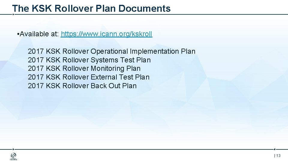 The KSK Rollover Plan Documents • Available at: https: //www. icann. org/kskroll 2017 KSK