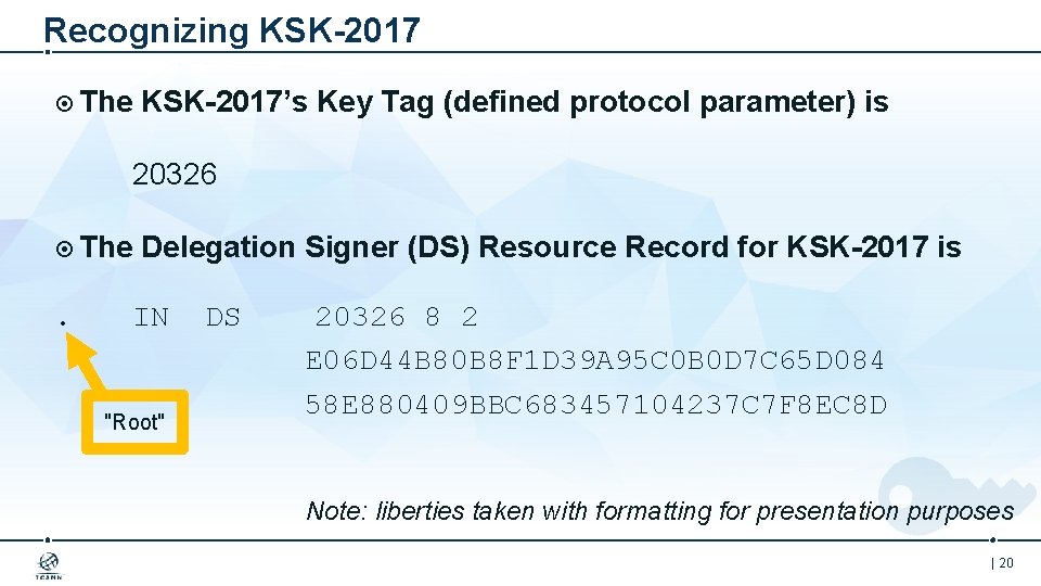 Recognizing KSK-2017 The KSK-2017’s Key Tag (defined protocol parameter) is 20326 The . Delegation