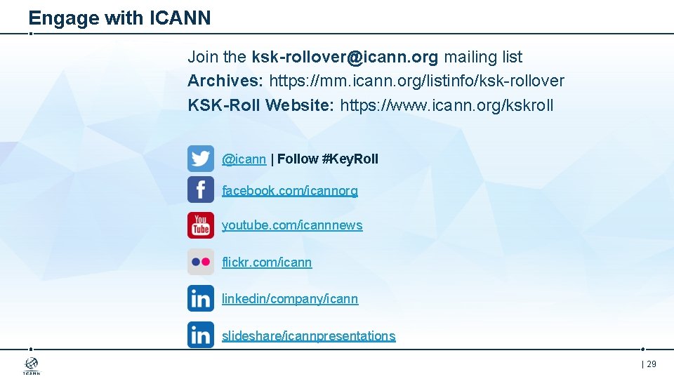 Engage with ICANN Join the ksk-rollover@icann. org mailing list Archives: https: //mm. icann. org/listinfo/ksk-rollover