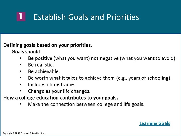 Establish Goals and Priorities Learning Goals Copyright © 2012 Pearson Education, Inc. 