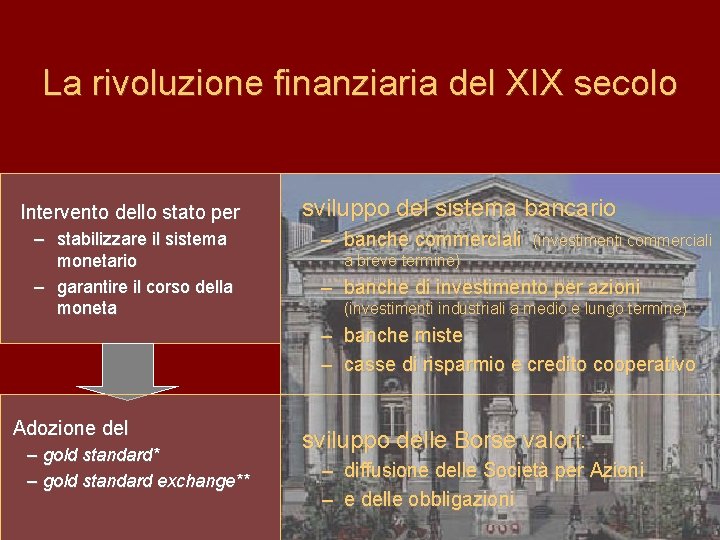 La rivoluzione finanziaria del XIX secolo Intervento dello stato per – stabilizzare il sistema