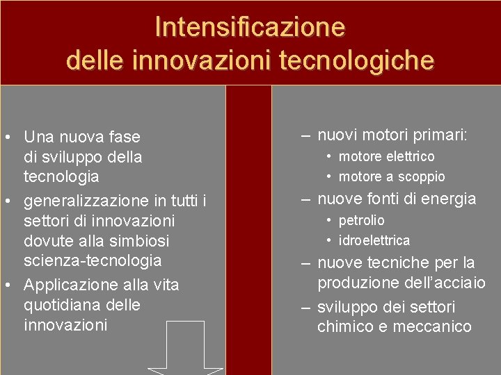 Intensificazione delle innovazioni tecnologiche • Una nuova fase di sviluppo della tecnologia • generalizzazione