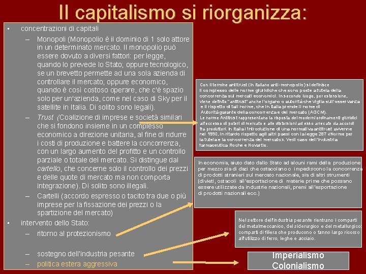 Il capitalismo si riorganizza: • • concentrazioni di capitali – Monopoli (Monopolio è il