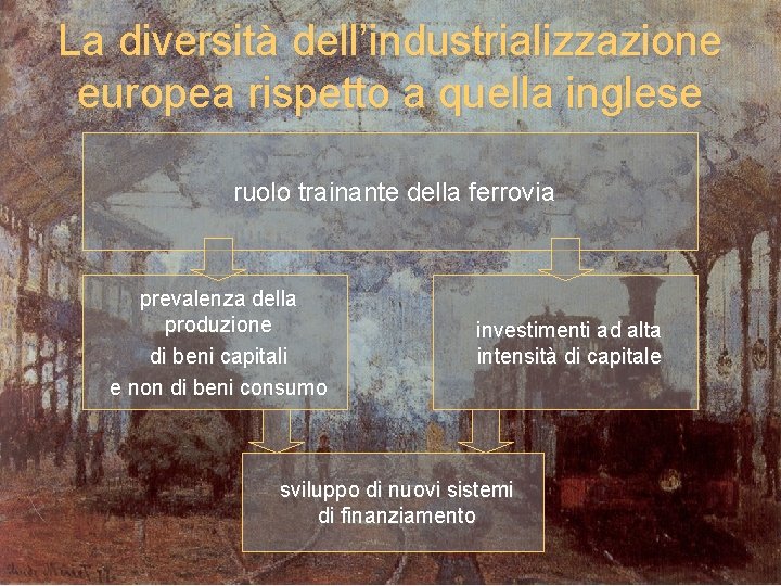 La diversità dell’industrializzazione europea rispetto a quella inglese ruolo trainante della ferrovia prevalenza della