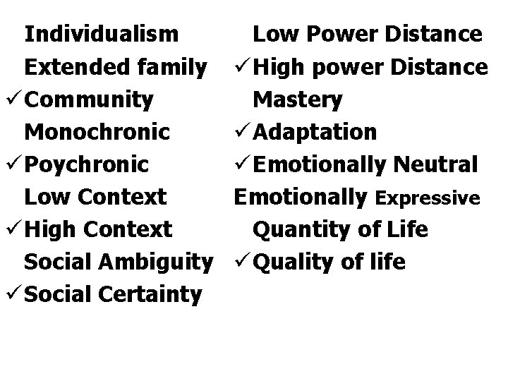 Individualism Extended family ü Community Monochronic ü Poychronic Low Context ü High Context Social