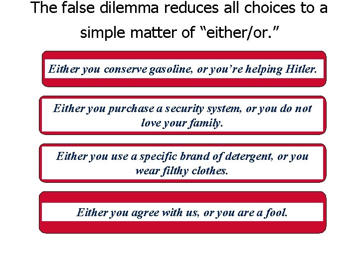 The false dilemma reduces all choices to a simple matter of “either/or. ” Either