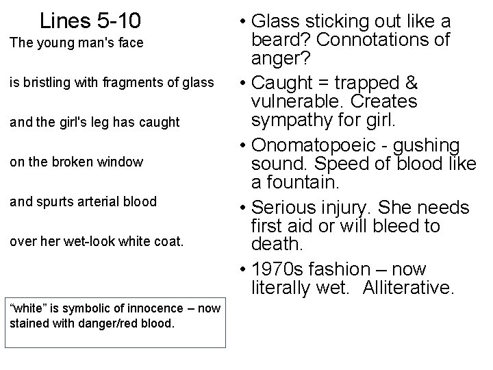 Lines 5 -10 The young man's face is bristling with fragments of glass and