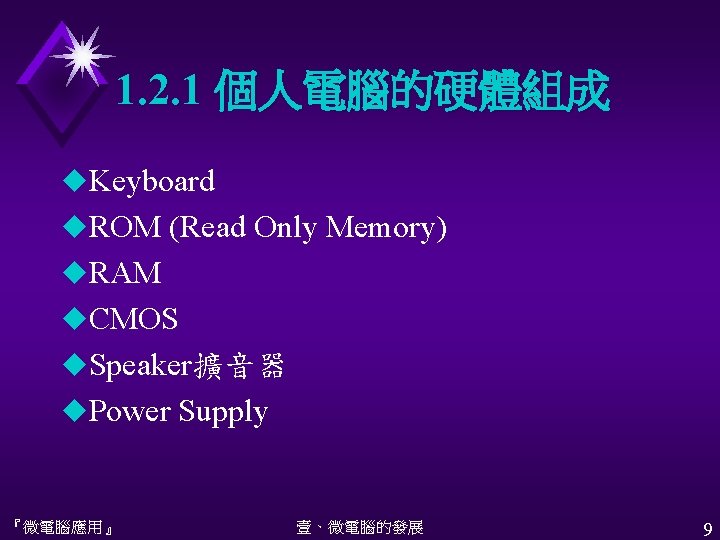 1. 2. 1 個人電腦的硬體組成 u. Keyboard u. ROM (Read Only Memory) u. RAM u.