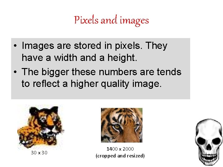 Pixels and images • Images are stored in pixels. They have a width and