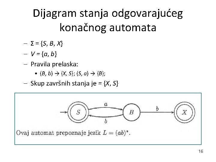 Dijagram stanja odgovarajućeg konačnog automata – Σ = {S, B, X} – V = Dijagram stanja odgovarajućeg konačnog automata – Σ = {S, B, X} – V =