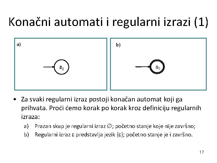 Konačni automati i regularni izrazi (1) a) b) s 0 • Za svaki regularni