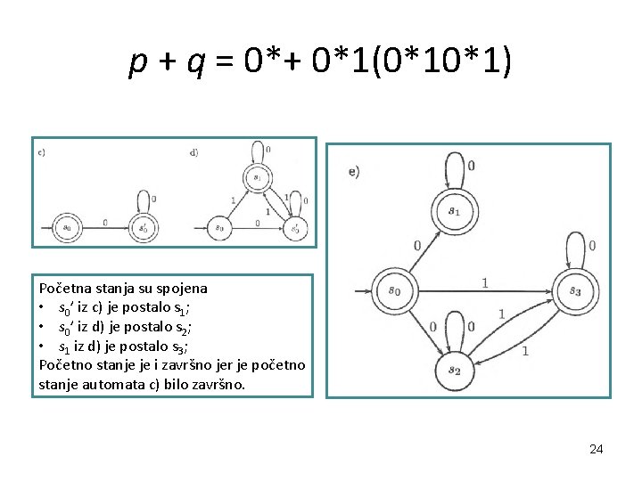 p + q = 0*+ 0*1(0*10*1) Početna stanja su spojena • s 0’ iz