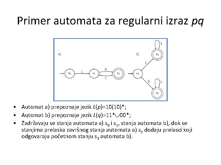 Primer automata za regularni izraz pq • Automat a) prepoznaje jezik L(p)=10(10)*; • Automat