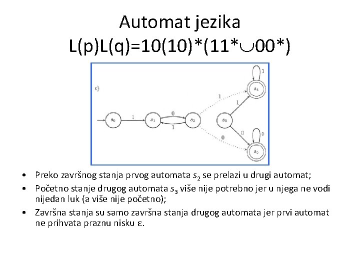 Automat jezika L(p)L(q)=10(10)*(11* 00*) • Preko završnog stanja prvog automata s 2 se prelazi