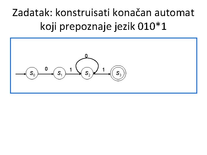 Zadatak: konstruisati konačan automat koji prepoznaje jezik 010*1 0 S 0 0 S 1