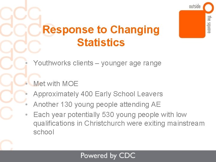 Response to Changing Statistics • Youthworks clients – younger age range • • Met