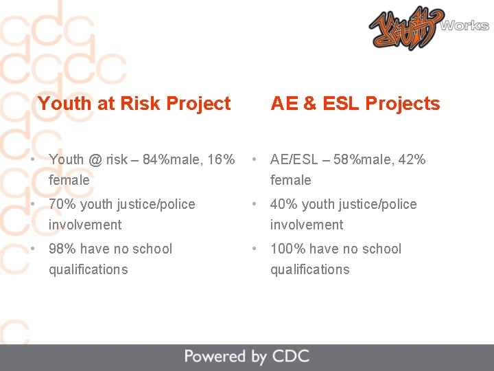 Youth at Risk Project AE & ESL Projects • Youth @ risk – 84%male,