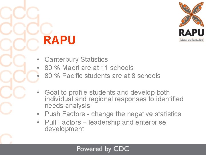 RAPU • Canterbury Statistics • 80 % Maori are at 11 schools • 80