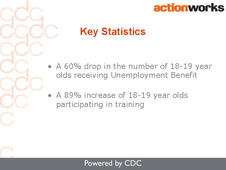 Key Statistics • A 60% drop in the number of 18 -19 year olds