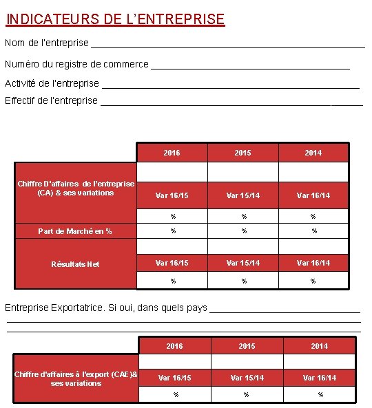 INDICATEURS DE L’ENTREPRISE Nom de l’entreprise __________________________ Numéro du registre de commerce ___________________ Activité