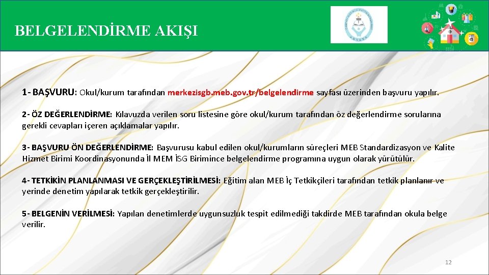 BELGELENDİRME AKIŞI 1 - BAŞVURU: Okul/kurum tarafından merkezisgb. meb. gov. tr/belgelendirme sayfası üzerinden başvuru