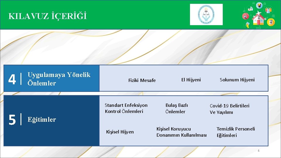 KILAVUZ İÇERİĞİ 4 5 Uygulamaya Yönelik Önlemler Fiziki Mesafe Standart Enfeksiyon Kontrol Önlemleri El