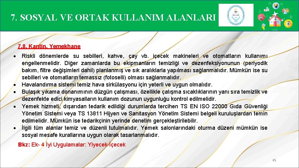 7. SOSYAL VE ORTAK KULLANIM ALANLARI 7. 8. Kantin, Yemekhane Riskli dönemlerde su sebilleri,