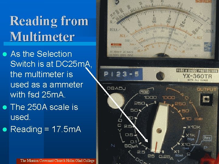 Reading from Multimeter As the Selection Switch is at DC 25 m. A, the