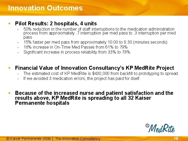 Innovation Outcomes § Pilot Results: 2 hospitals, 4 units - 50% reduction in the