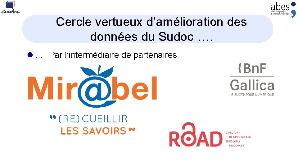 Cercle vertueux d’amélioration des données du Sudoc …. l …. Par l’intermédiaire de partenaires