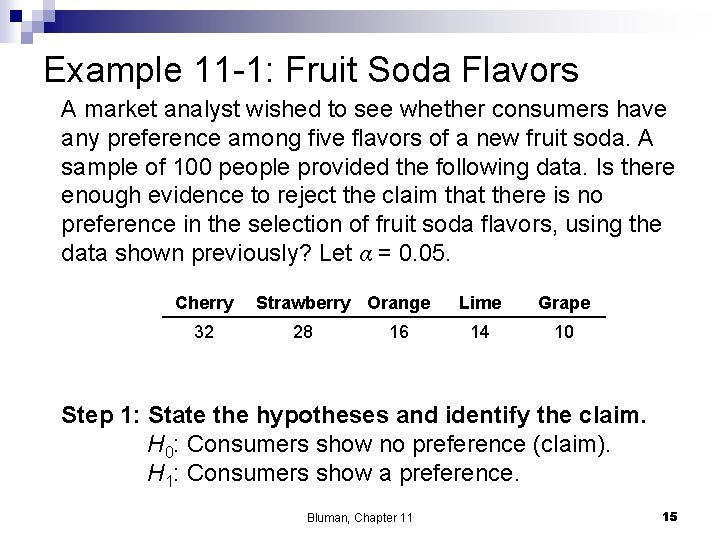 Example 11 -1: Fruit Soda Flavors A market analyst wished to see whether consumers