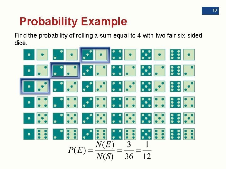 10 Probability Example Find the probability of rolling a sum equal to 4 with