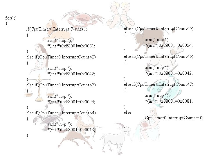 for(; ; ) { if(Cpu. Timer 0. Interrupt. Count<1) { asm(" nop "); *(int