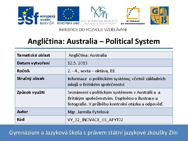 Angličtina: Australia – Political System Tematická oblast Angličtina: Australia Datum vytvoření 12. 5. 2013